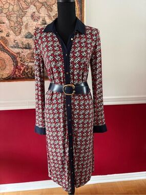 NWOT Tommy Hilfiger Red, Navy and White Geometric Midi Shirt Dress